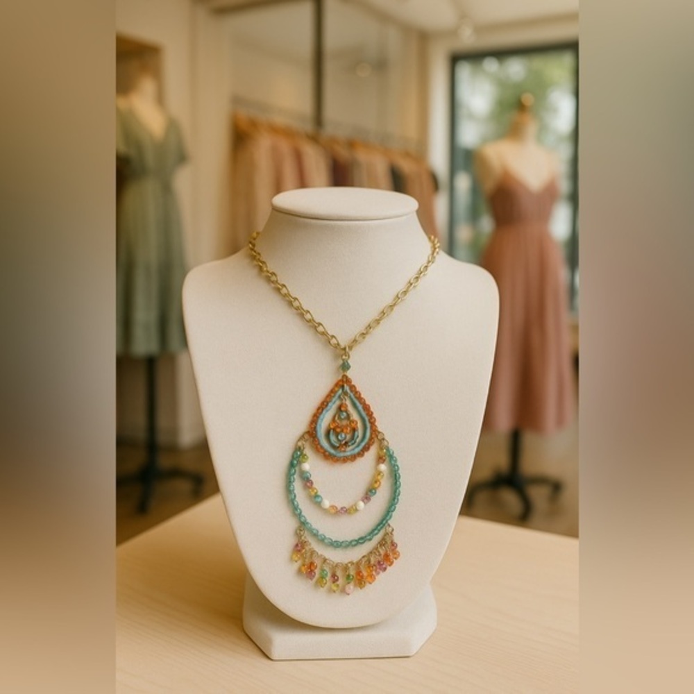 Boutique necklace, intricate unique design, multicolor beads, gold finish chain